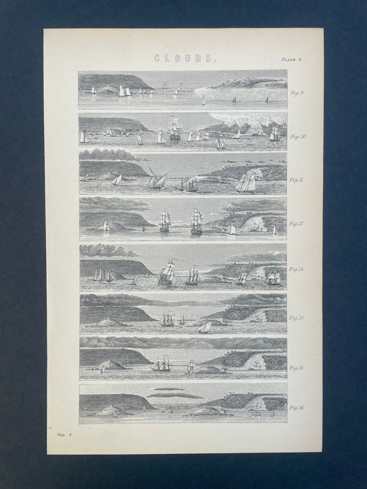 Antique Book Plate – 19th Century Cloud Landscapes Illustration – Original Engraving