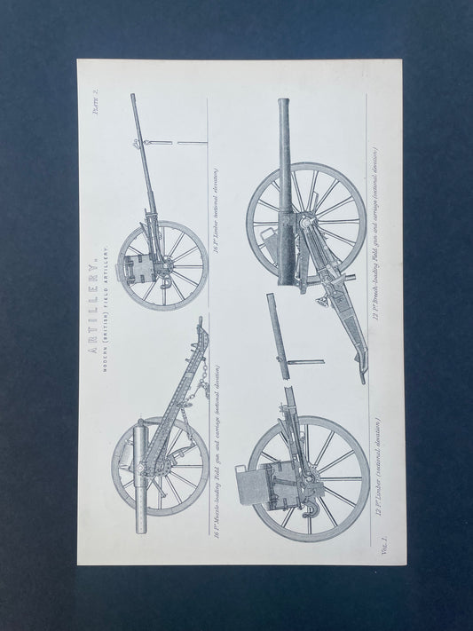 Antique Book Plate –  Modern Military Artillery Illustration  – Original Engraving