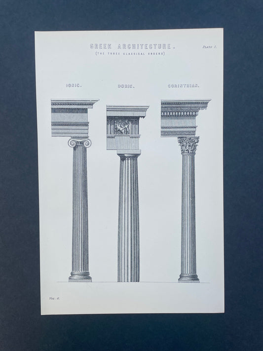 Antique Book Plate – 19th Century Greek Architecture Illustration  – Original Engraving