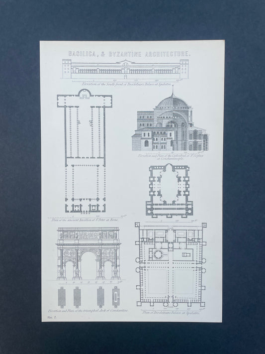 Antique Book Plate – 19th Century Bascilica And Byzantine Architecture Illustration  – Original Engraving