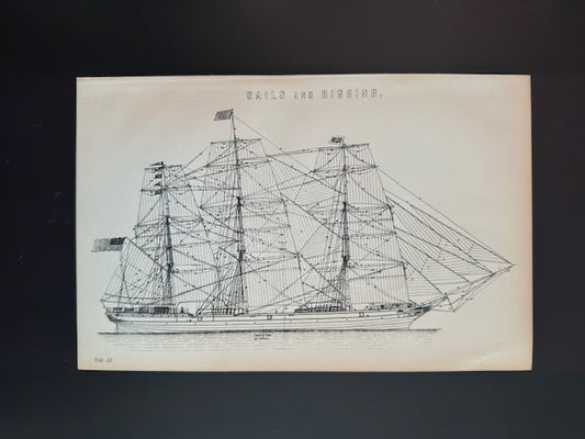 Antique Book Plate – 19th Century Sails and Rigging Sailboat Illustration – Original Engraving