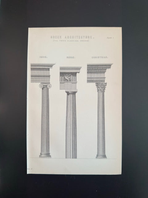 Print of classical architectural columns from greek times on 1900's print book plate