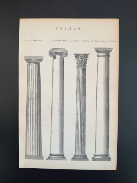 Antique Book Plate – 19th Century Column Architecture Illustration  – Original Engraving